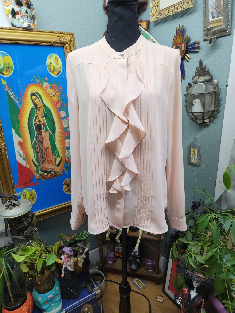 Calvin Klein Pale Pink Ruffle Front Long-Sleeve Blouse